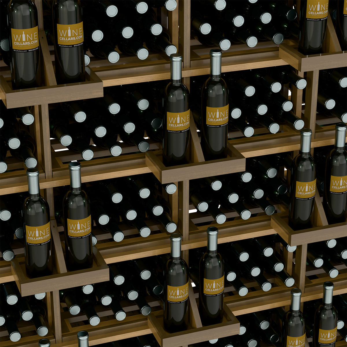 Close-up of wine bottle bulk bins in a wooden wall rack