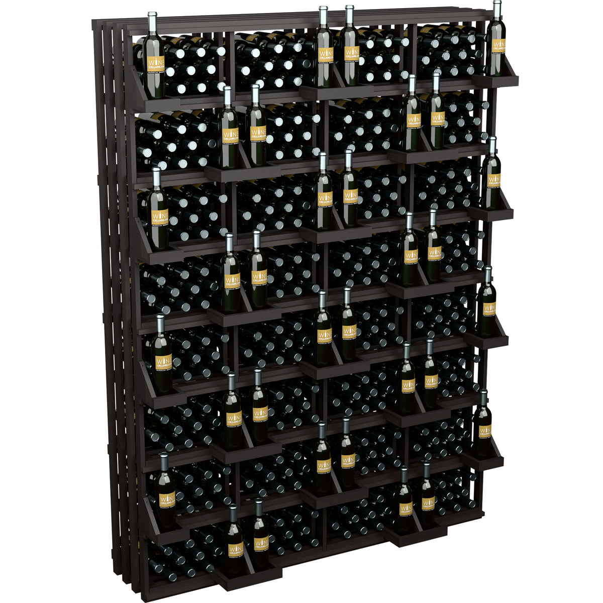 Wine bottle wall display rack with black shelves and bottles on front-access rows