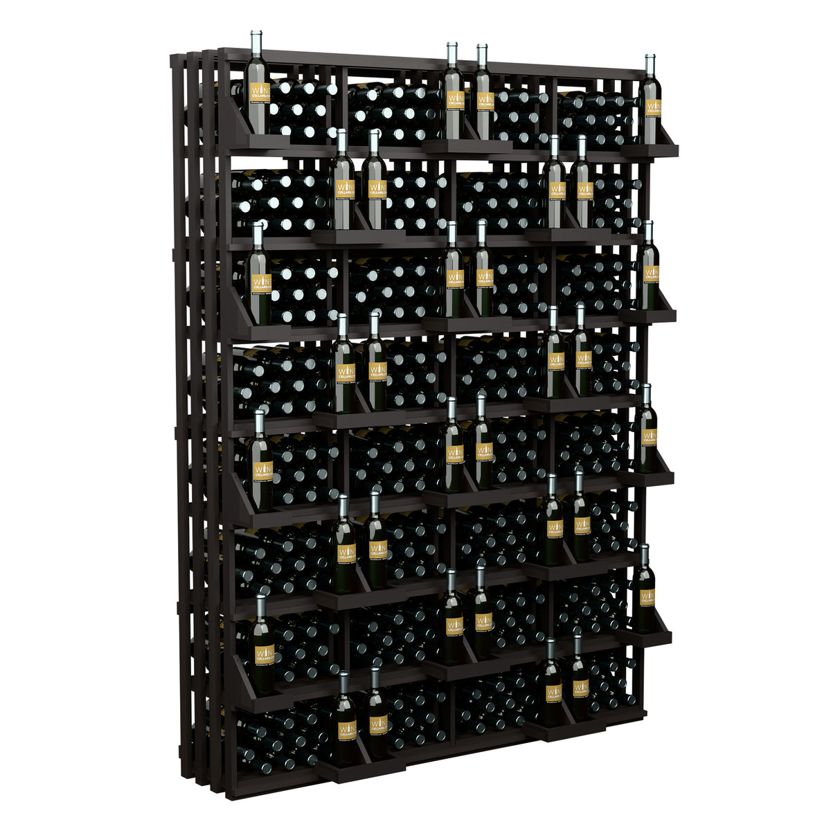Wine bottle wall display rack with dark wood shelves and bottle storage rows