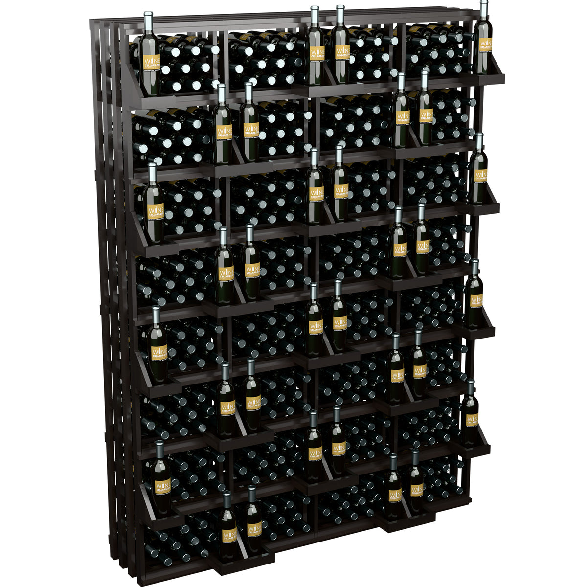 Wine bottle wall display with black shelving grid and bottles in bins