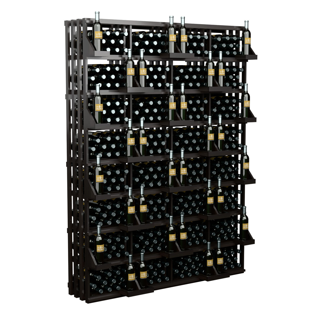 Wine bottle wall display with dark bins, light wood frame, and bottles
