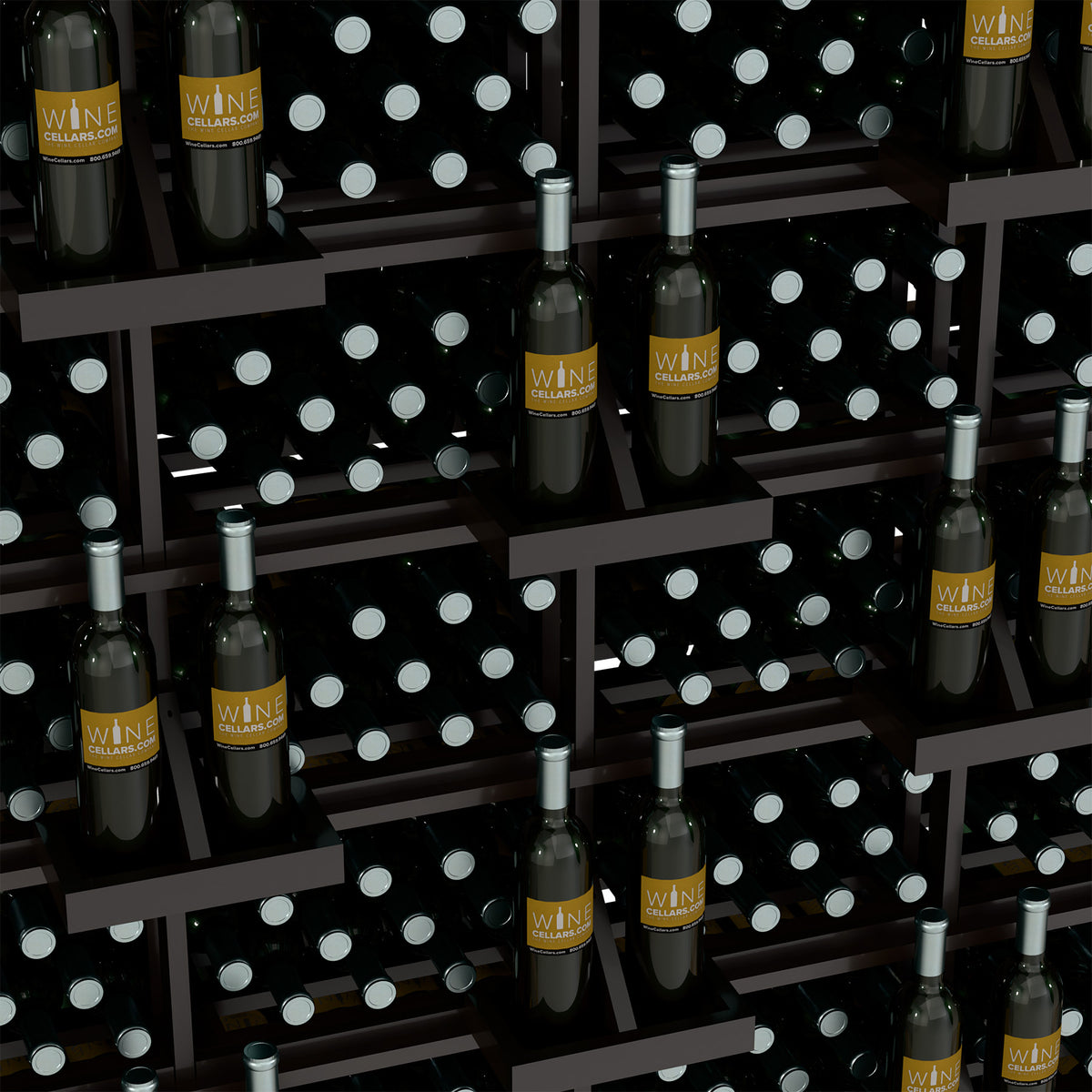 Close-up of wine bottle bins on a wooden rack with bottle necks visible