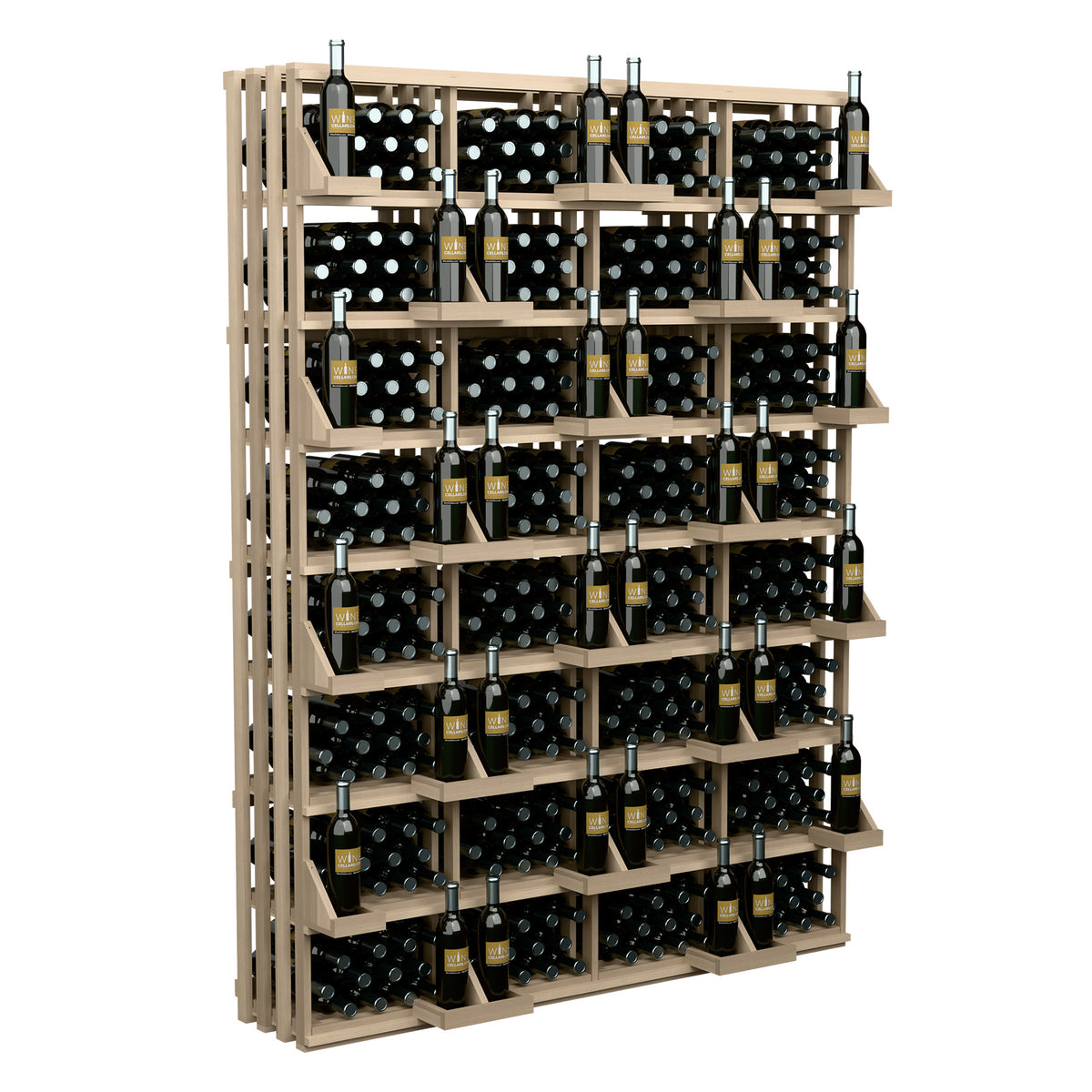 Wine bottle wall display rack with light wood shelves holding wine bottles