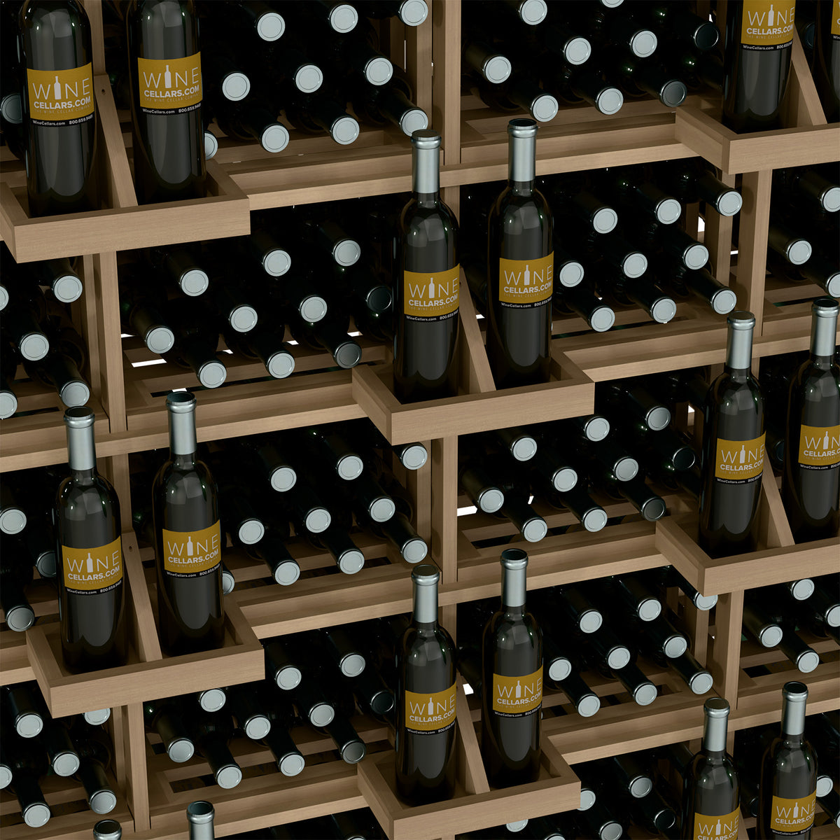 Close-up of wine bottle wall display with light wood shelves and dark bottles