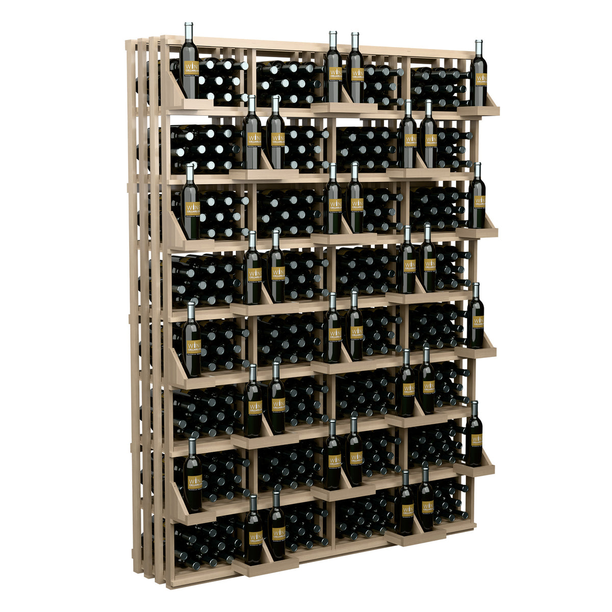 Wine bottle wall display with natural wood frame and filled bottle bins