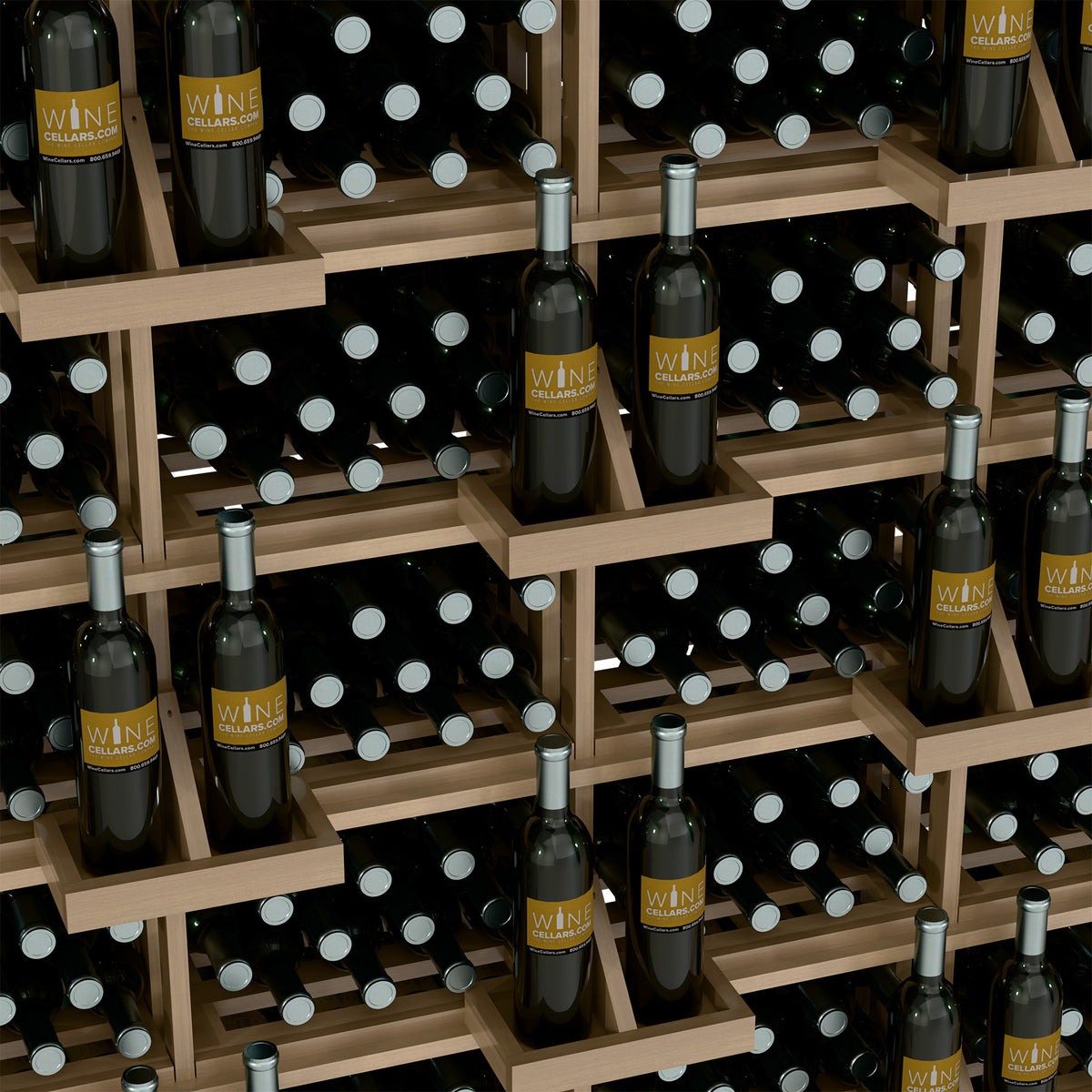 Close-up of wine bottle bulk bins with black bottles in a light wood rack