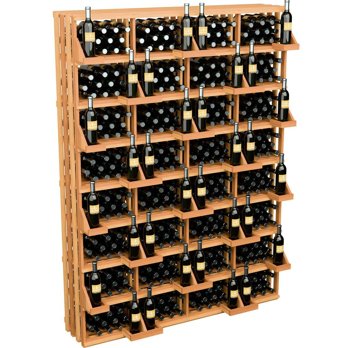 Natural wood wine bottle display rack with open compartments for black bottles