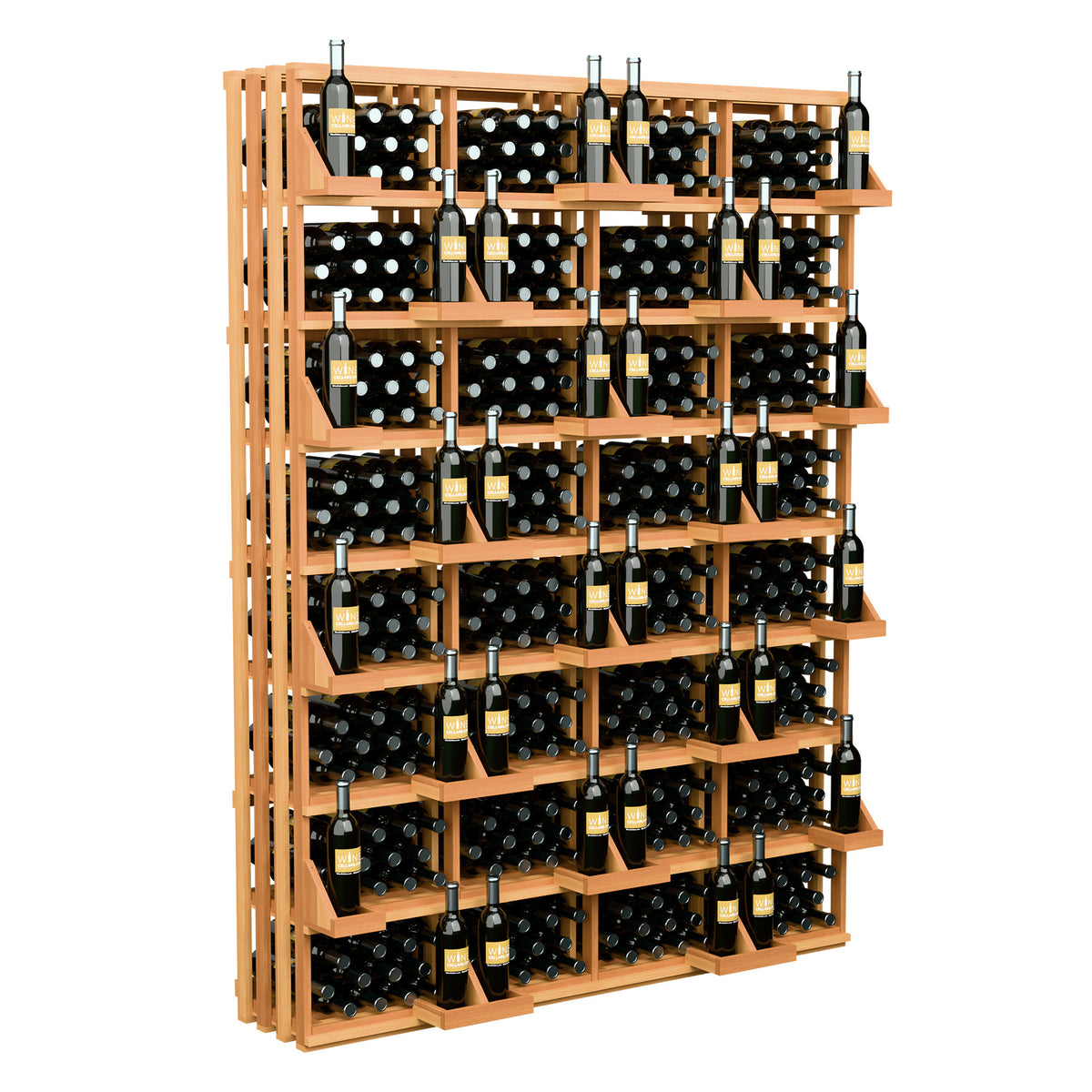 Wine bottle wall display rack with light wood shelves and front row bottle openings