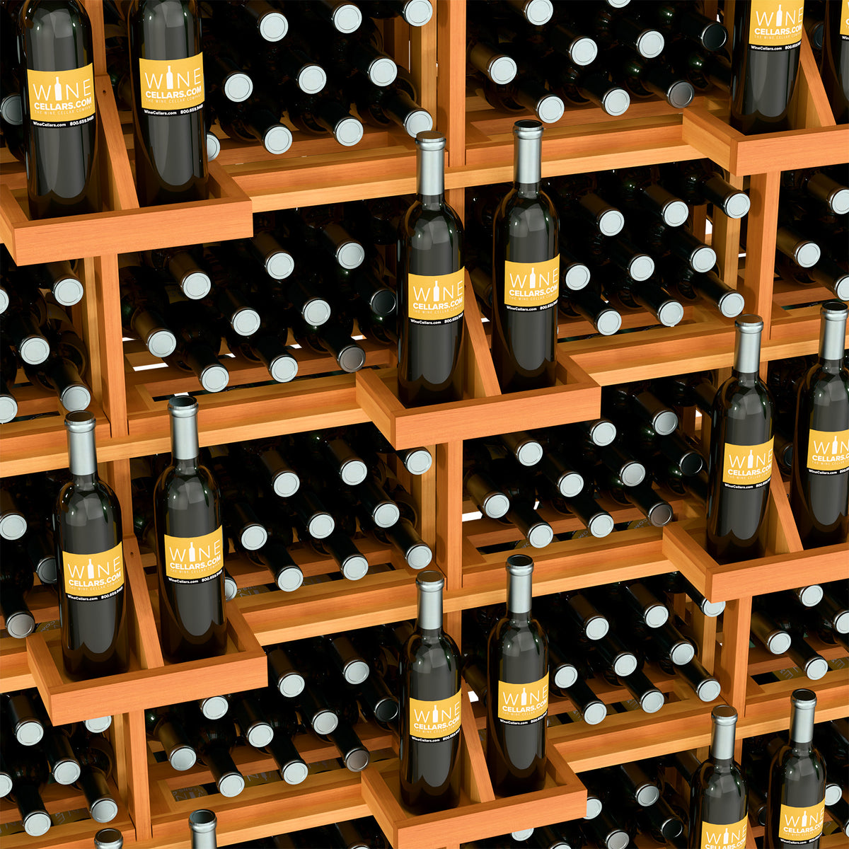 Close-up of dark wood wine bottle rack with grid shelves and dark bottles