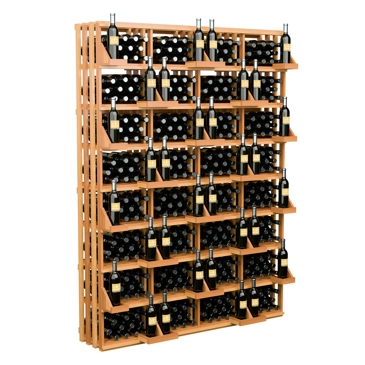 Wine bottle wall display with natural wood frame, dark bins, and bottles