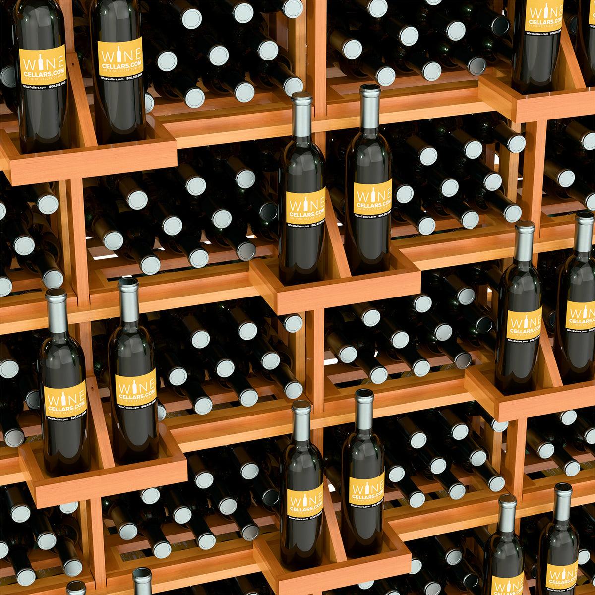 Honey wood bottle wall display with bulk bins, holding dark wine bottles on slotted shelves