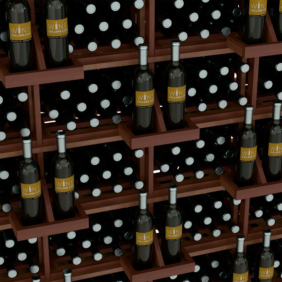 Wine bottle wall display with reddish-brown shelves and multiple bottles per row