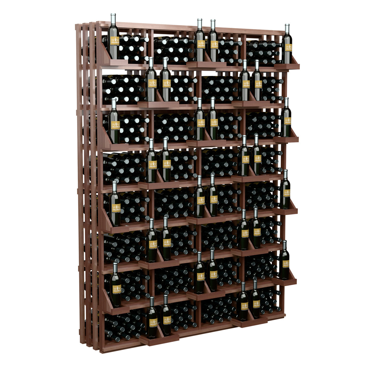 Dark wood bottle wall display with bulk bins, multiple rows of capped dark wine bottles