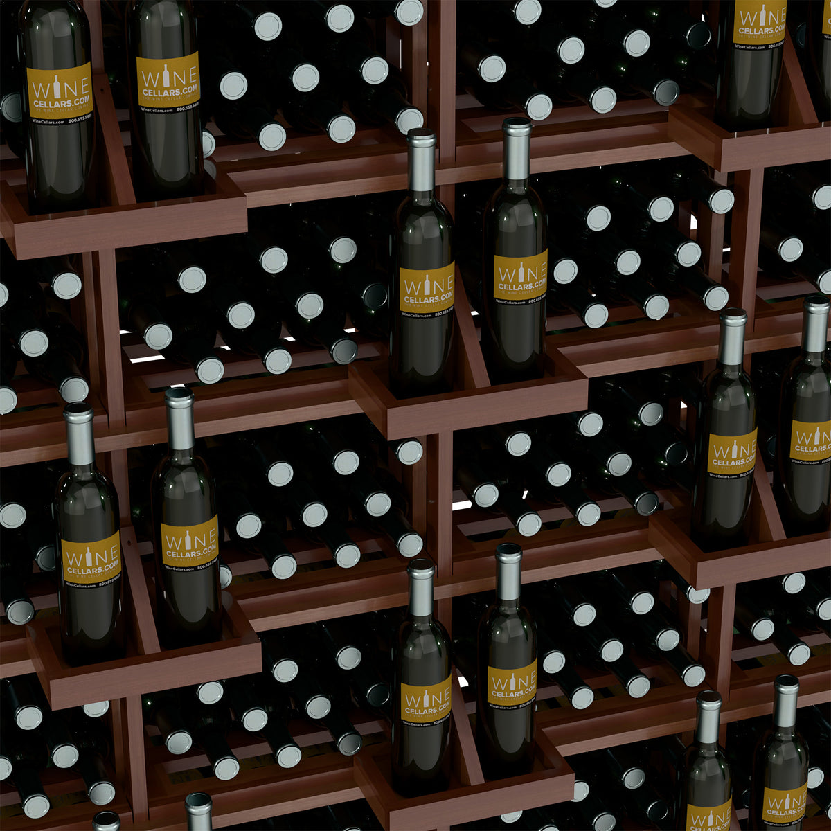 Honey wood bottle wall display with bulk bins, dark wine bottles arranged on open shelves