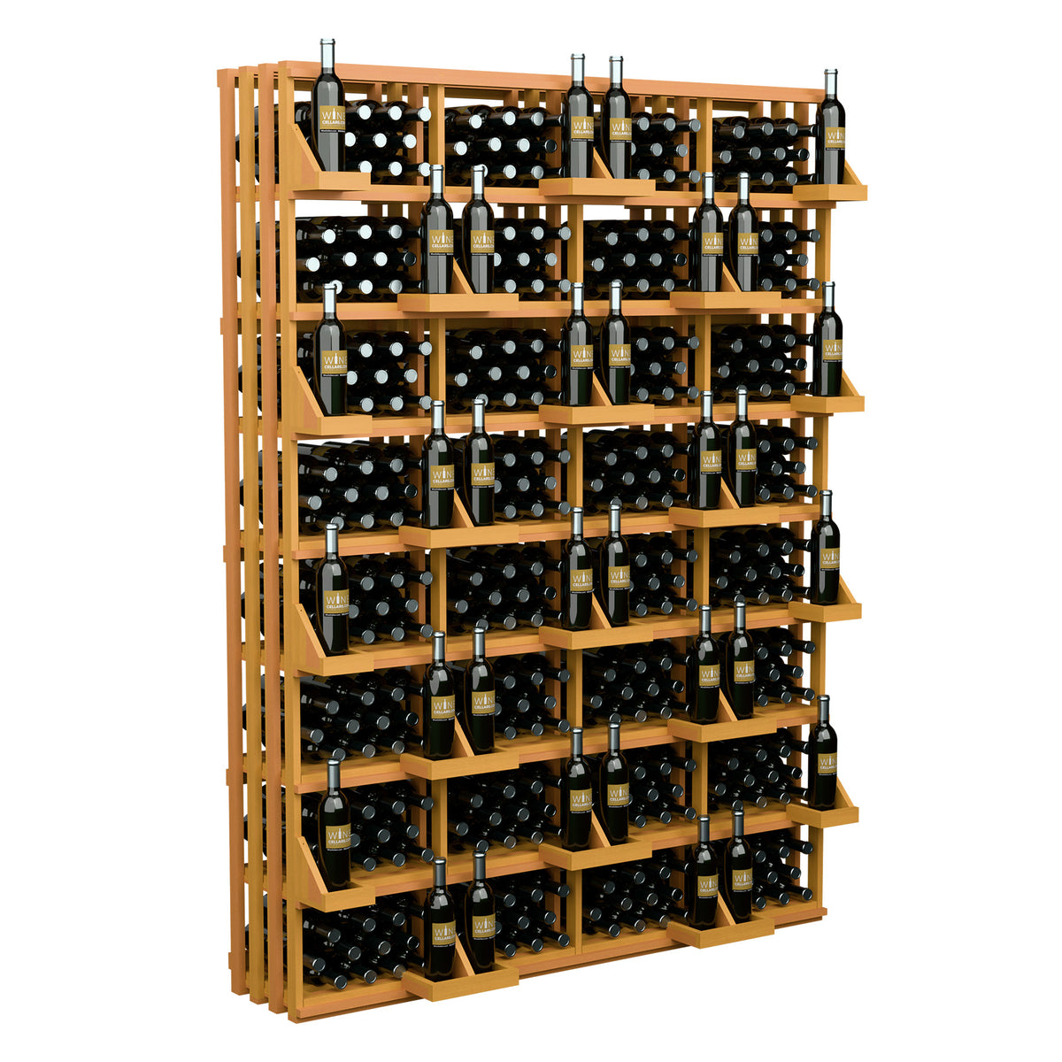 Light wood wine bottle display rack with grid shelves holding black bottles