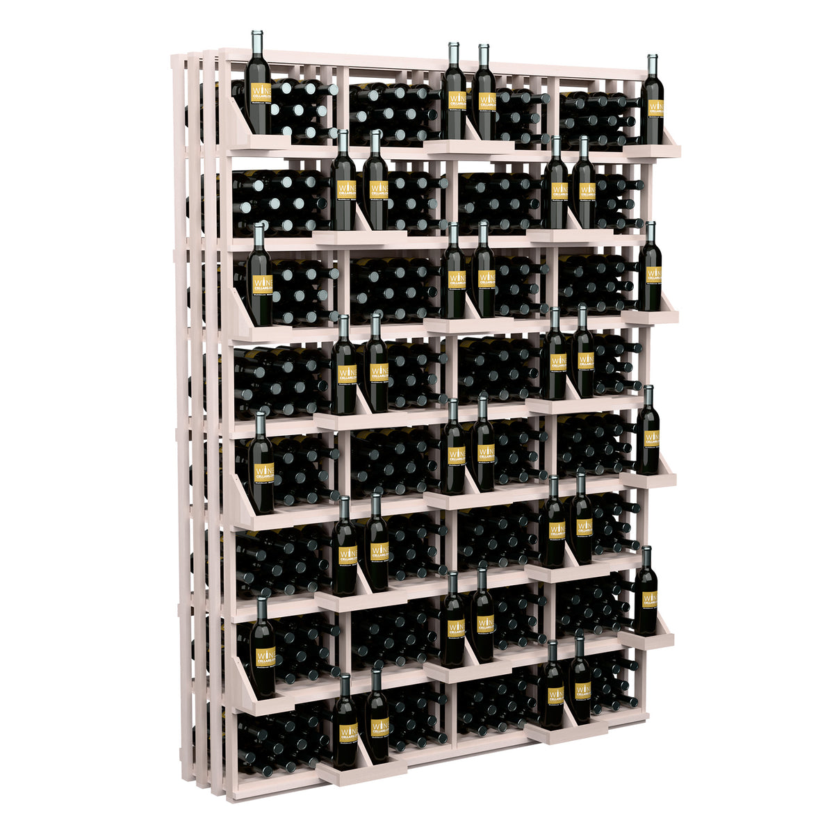 Wine bottle wall display rack with light wood frame and bottles in tiered bins