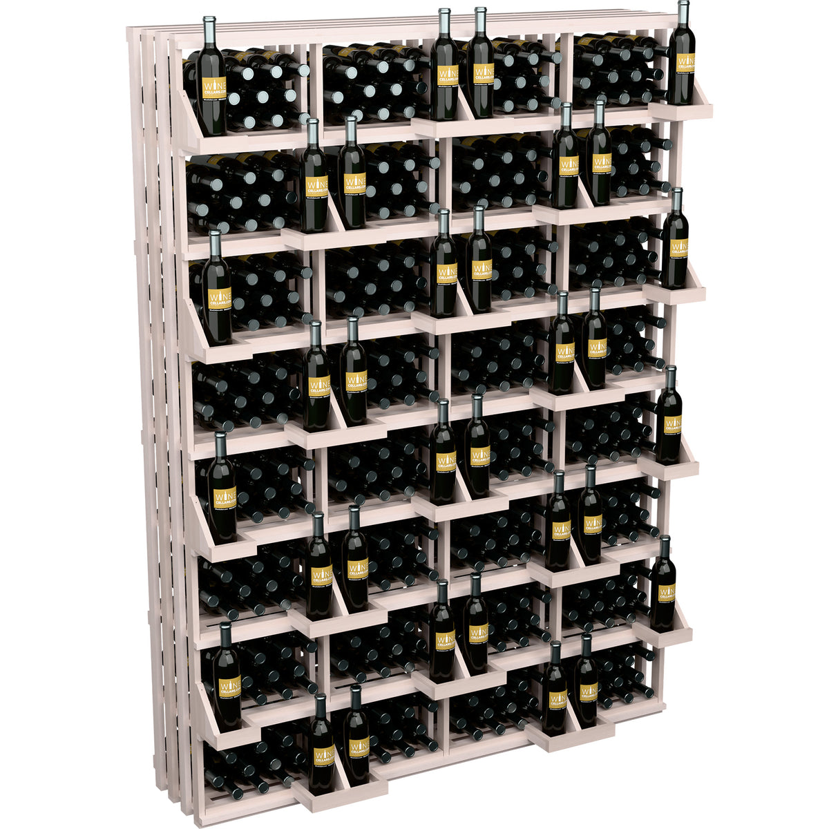 Light wood bottle wall display with bulk bins, rows of dark wine bottles on white shelves