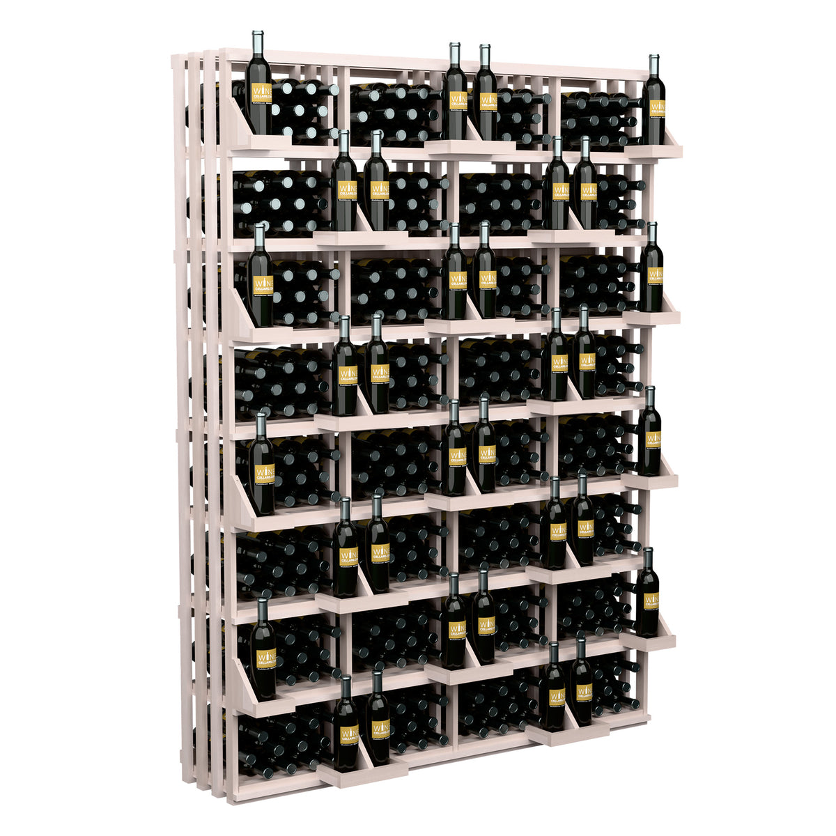 Light wood bottle wall display with bulk bins, full view with dark wine bottles in grid