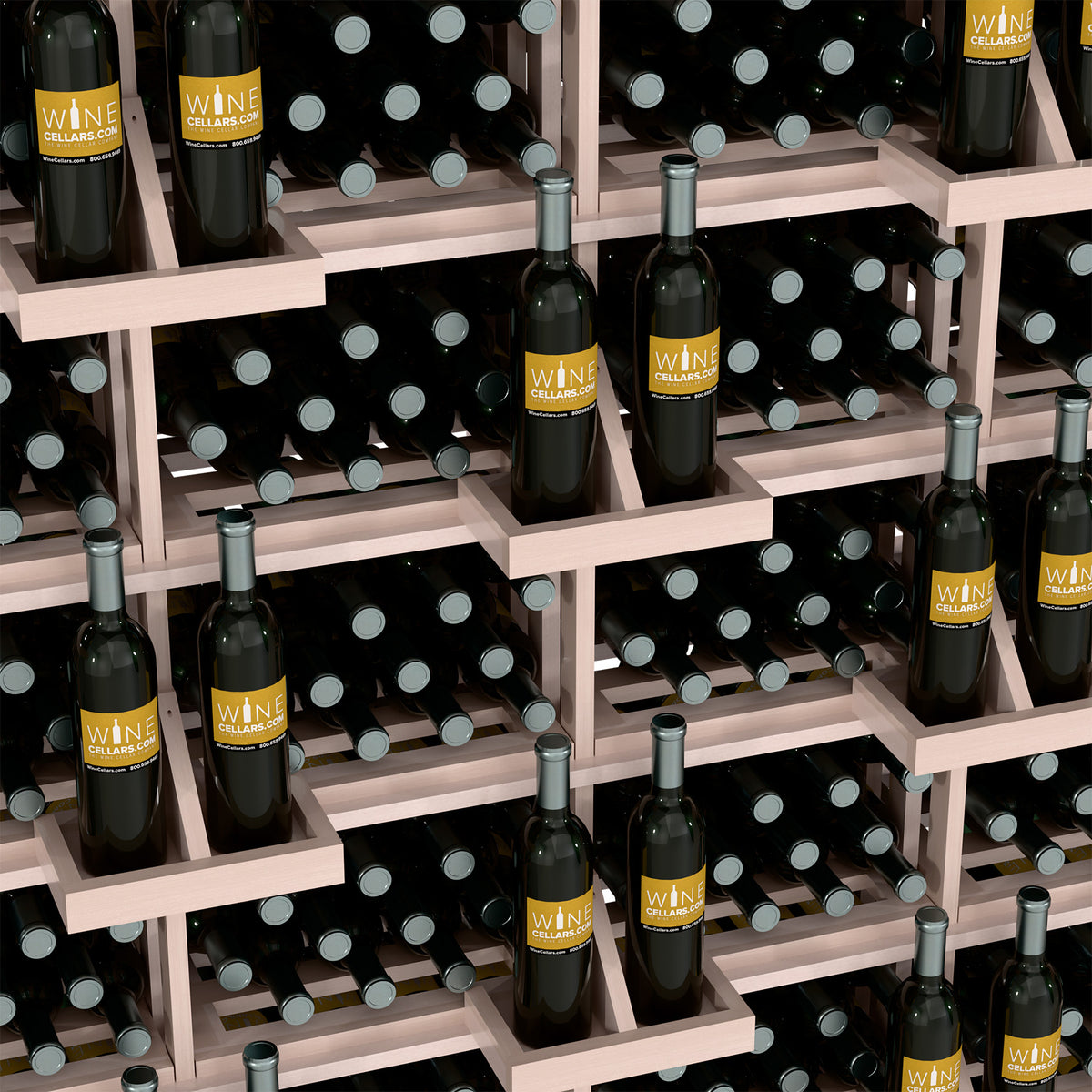 Light wood bottle wall display with bulk bins, dark wine bottles on open horizontal shelves