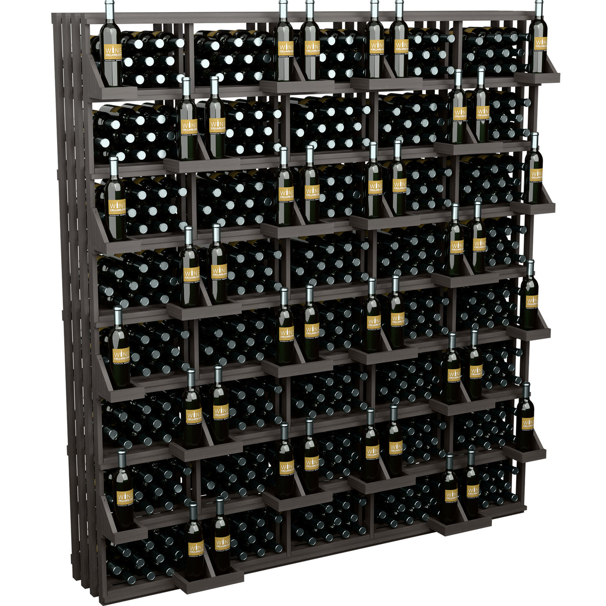 Wood wine bottle wall display with 520 slots and bulk bins, dark gray racks with bottle holders
