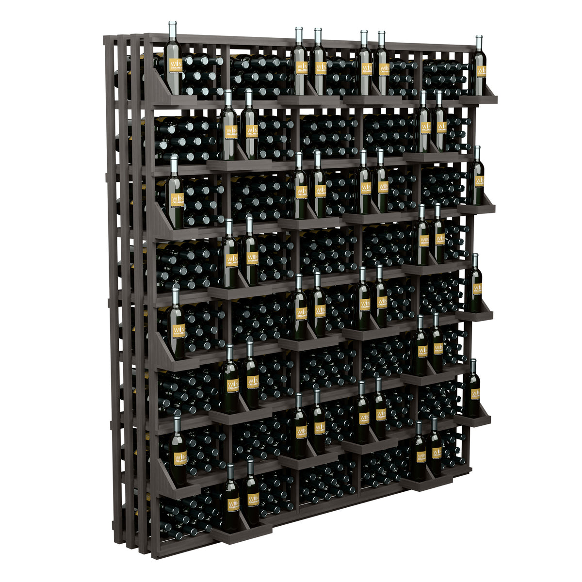 Commercial wine bottle display rack with bulk bins, dark wood unit with bottle storage.