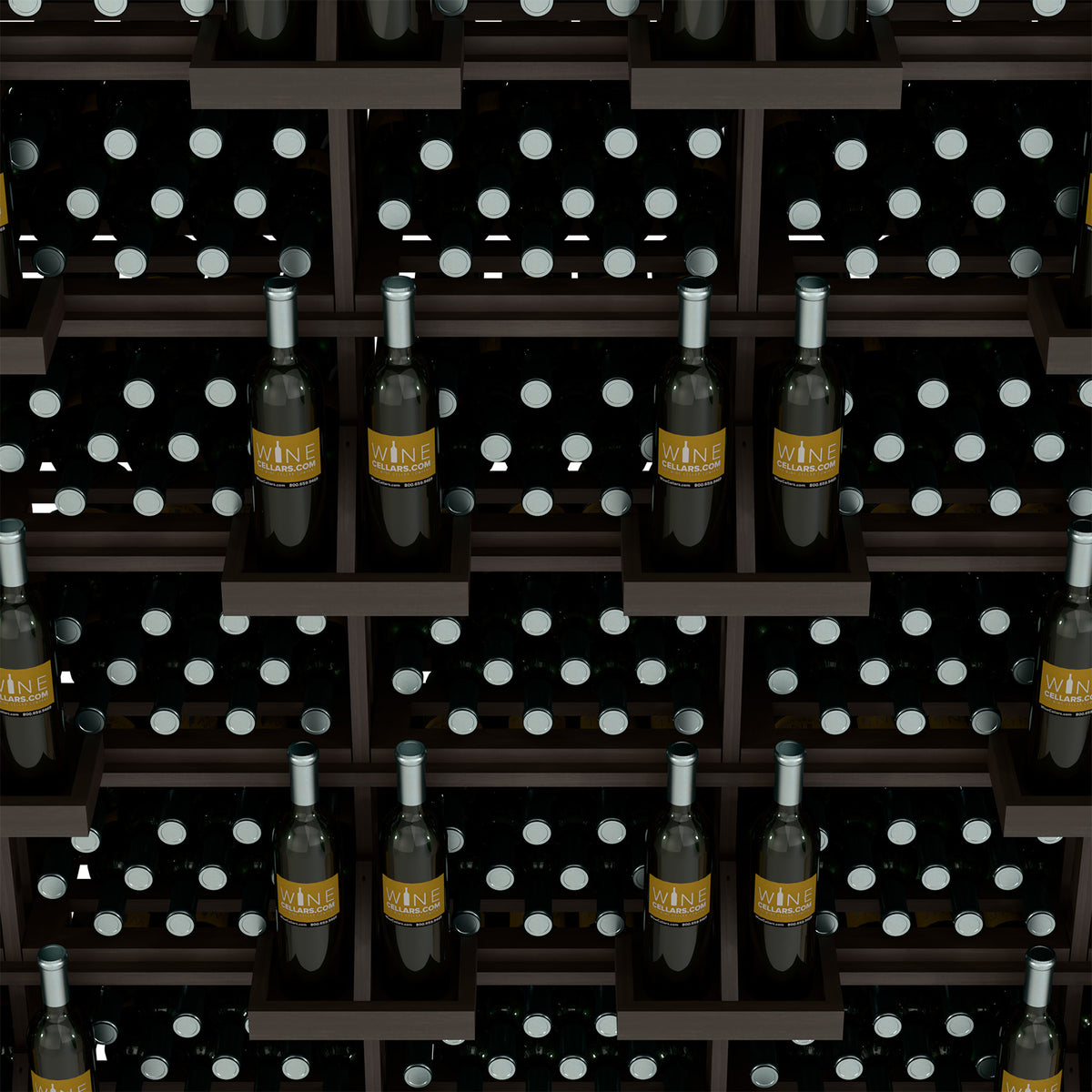 Wine bottle wall display rack with bulk bins, dark wood bottle slots arranged in rows.