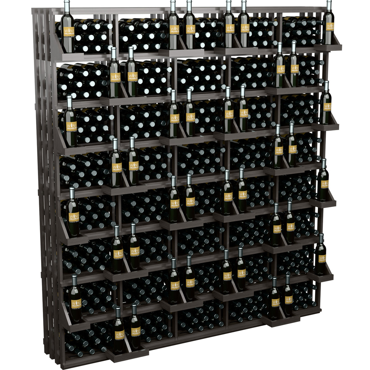 Wine bottle wall display with black polka-dot bins and rows of bottles
