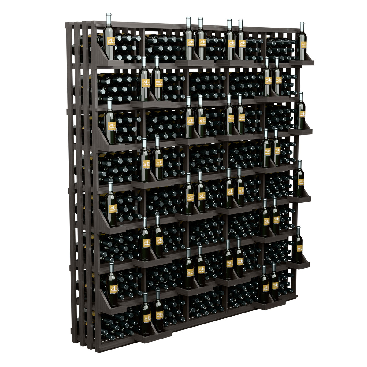 Wine bottle wall display with black polka-dot bins, wooden shelves, bottle rows