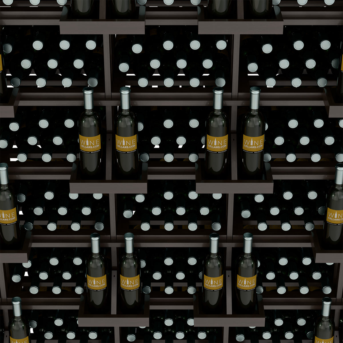 Close-up of wine bottle wall display with polka-dot bin panels and bottles