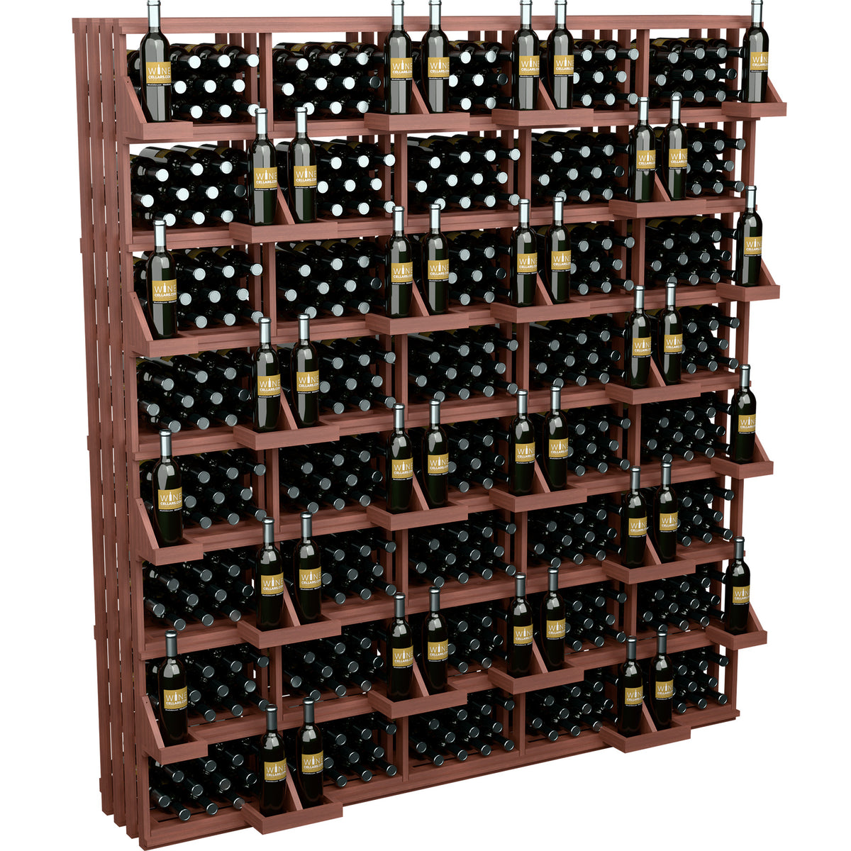Red wood wine bottle wall display rack with rows of bottles in black storage compartments