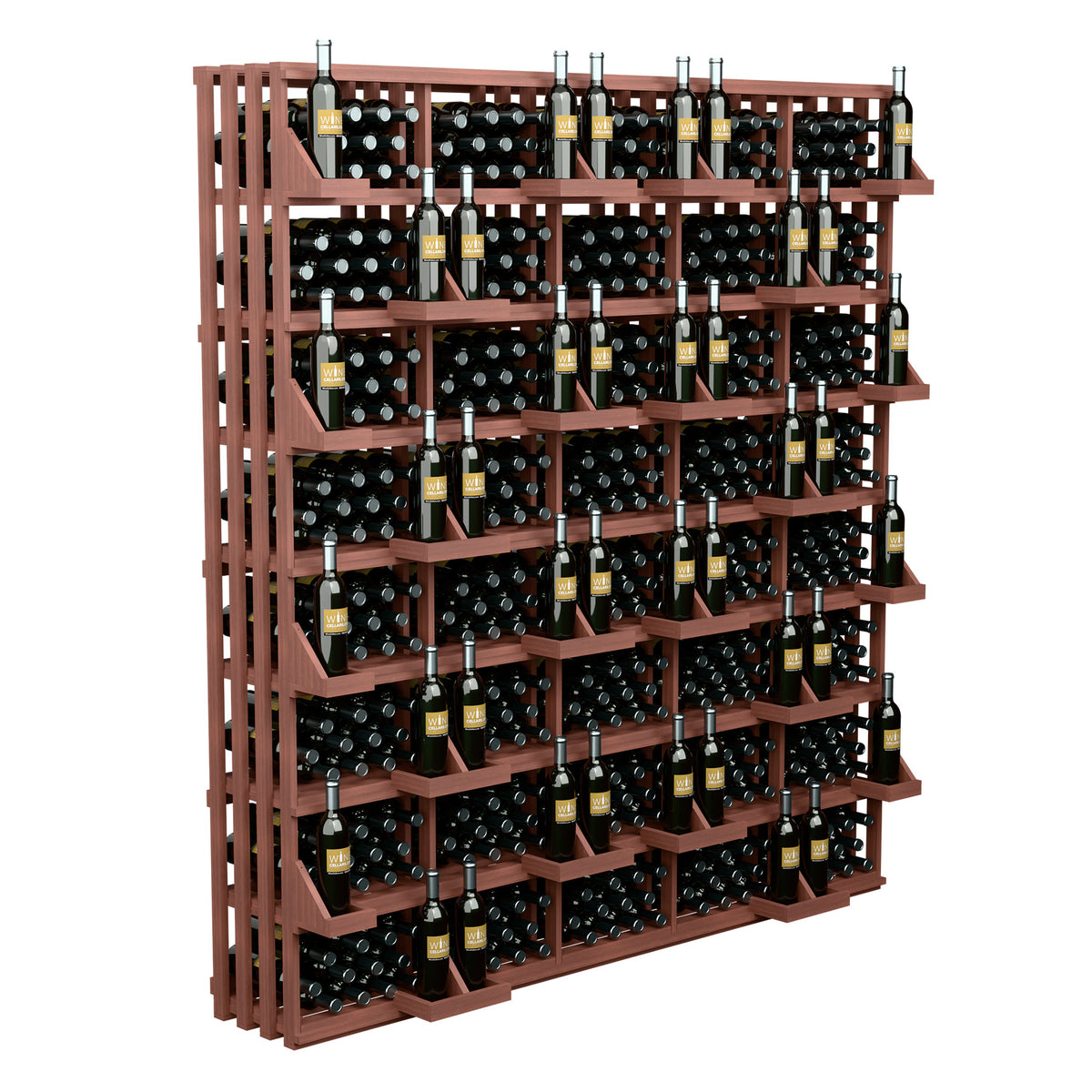 Red-brown wood wine bottle wall display with multiple bulk-bin shelves and bottles