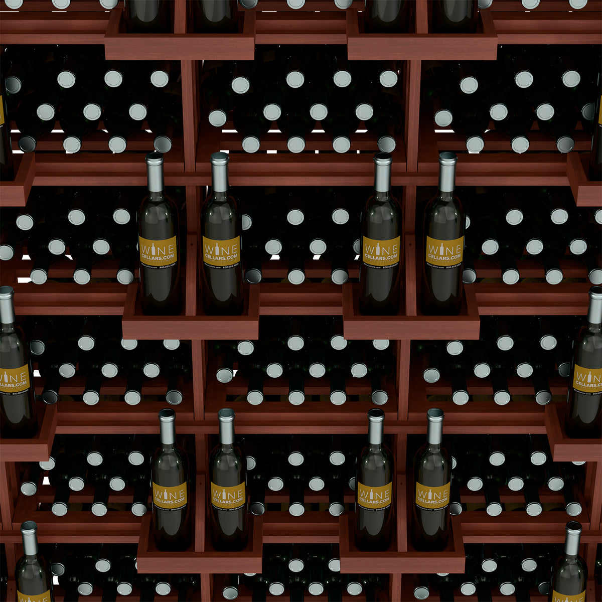 Dark wood bottle display wall with multiple grid shelves holding wine bottles