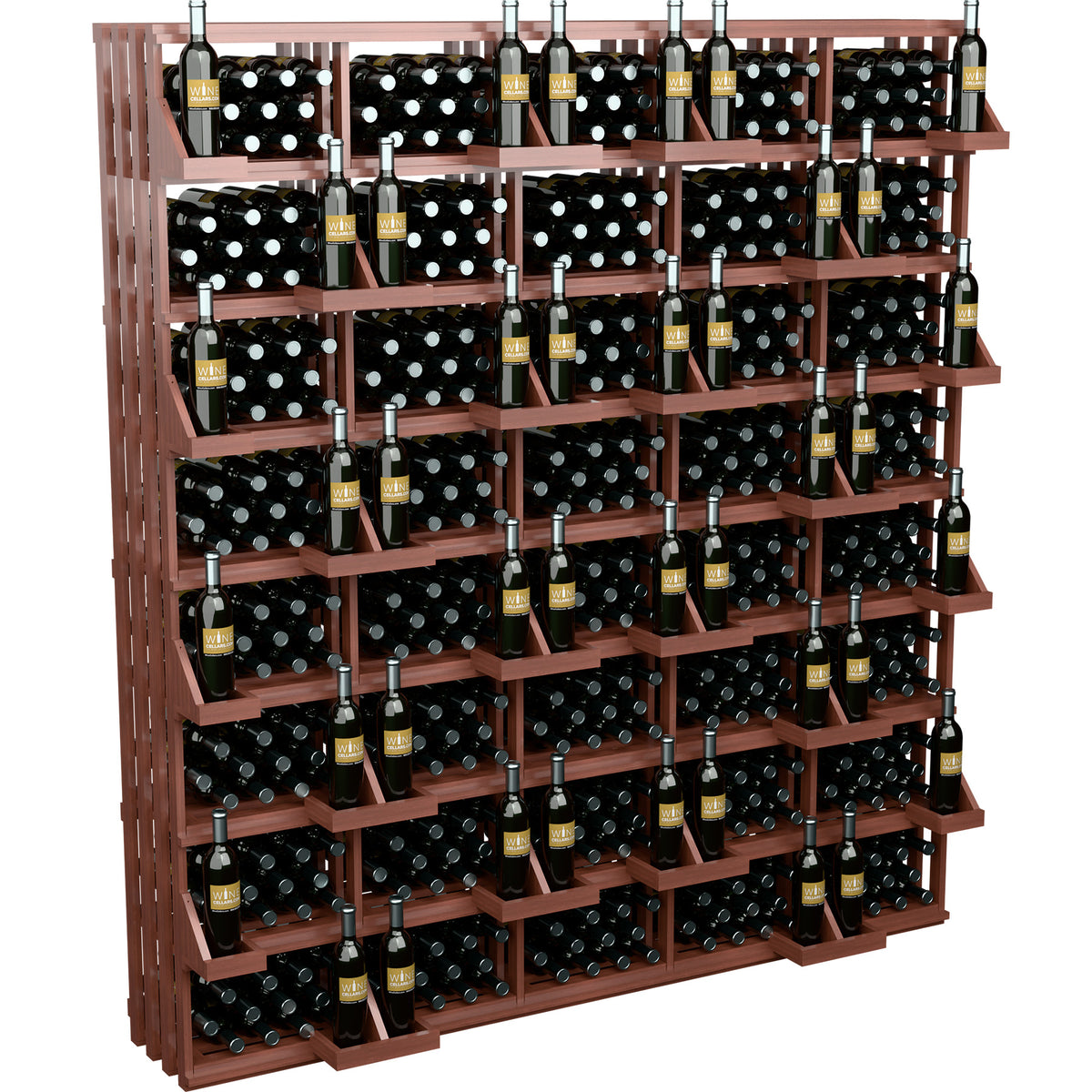Wine bottle wall display with red wood shelves and black polka-dot bins