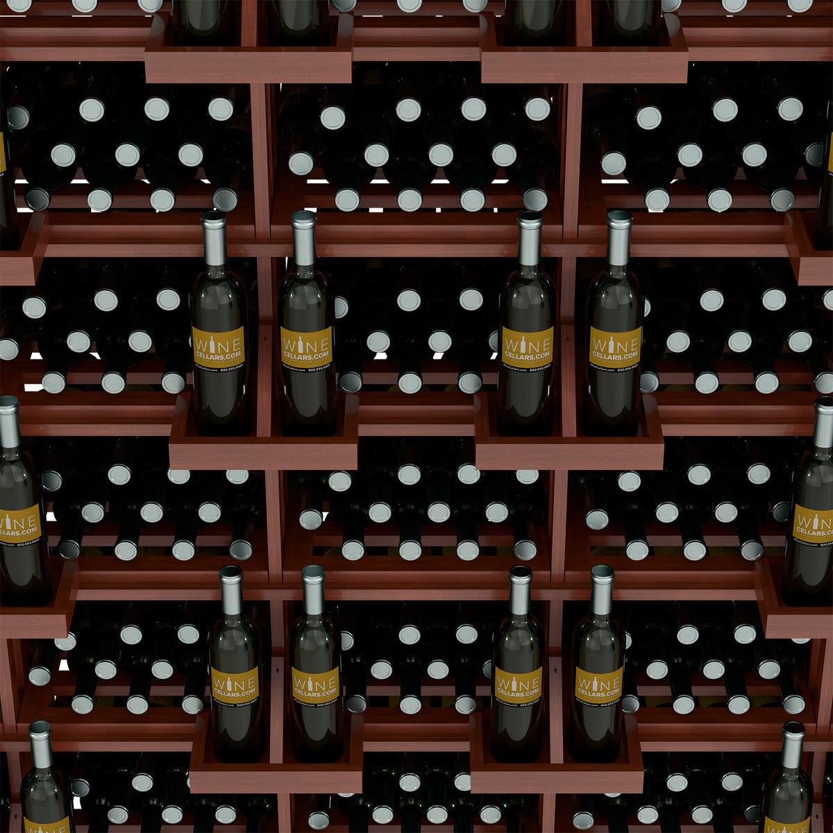 Close-up of wine bottle display with red shelves, polka-dot bins, bottles