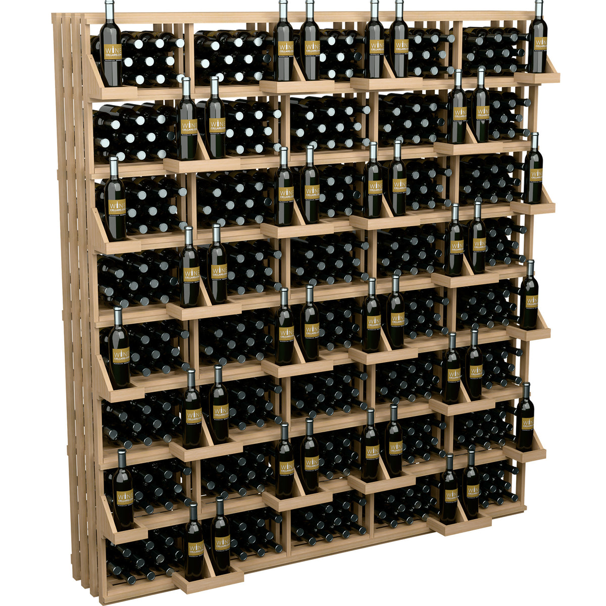 Light wood wine bottle wall display rack with open shelves and bottles arranged in rows
