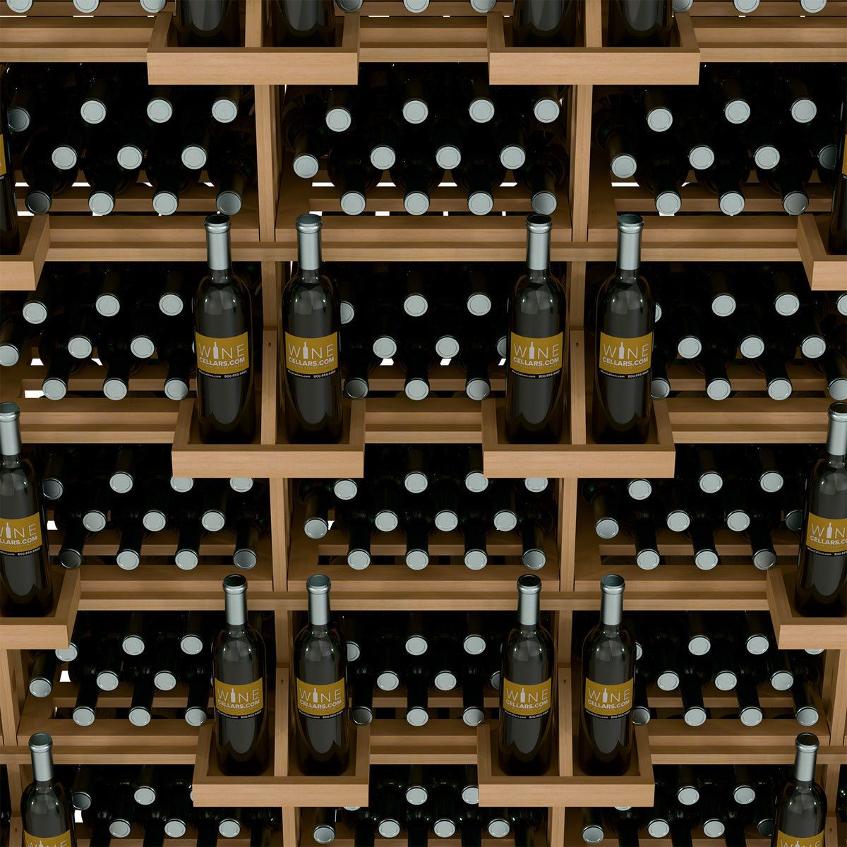 Light wood wine bottle wall display with stacked rows of bottles on grid shelves