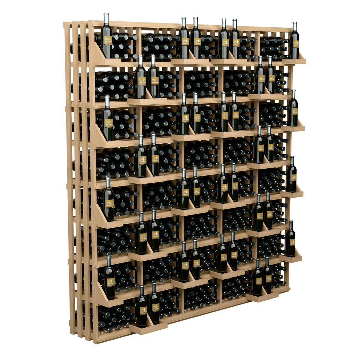 Wine bottle wall display with light wood frame, black polka-dot bins, bottle rows