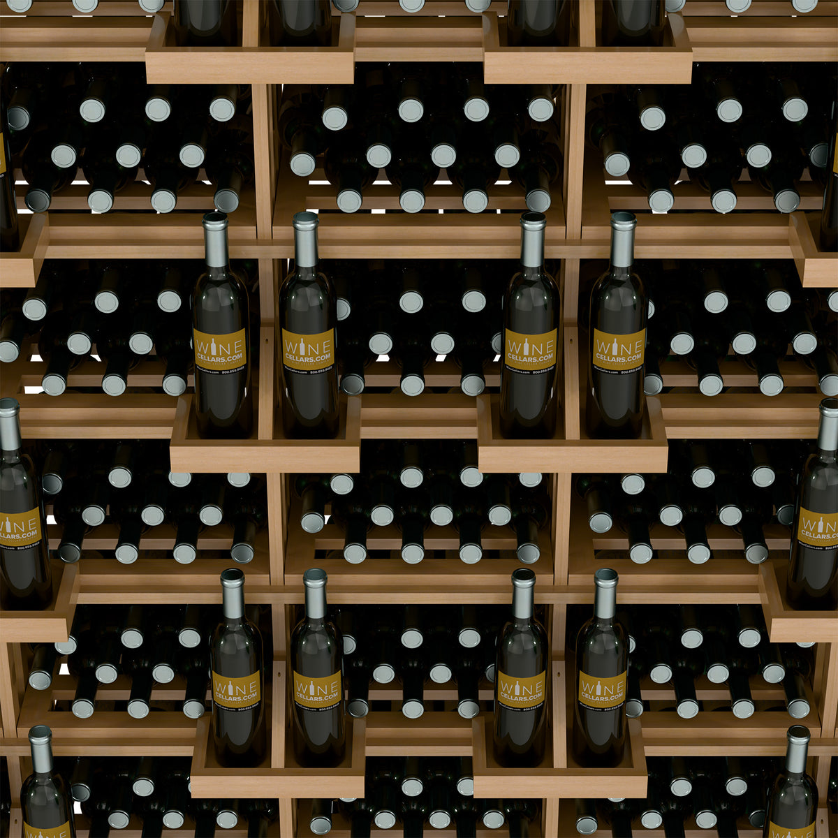 Close-up of wine bottle wall display with light wood shelves and polka-dot bins