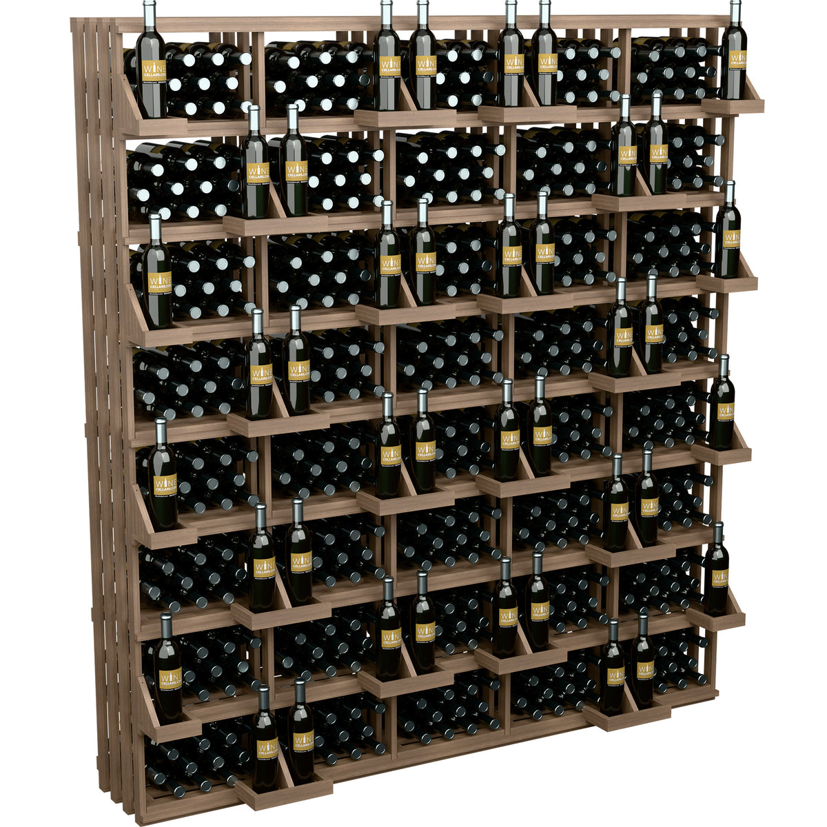 Wood wine bottle wall display with tiered open shelves and rows of filled bottles