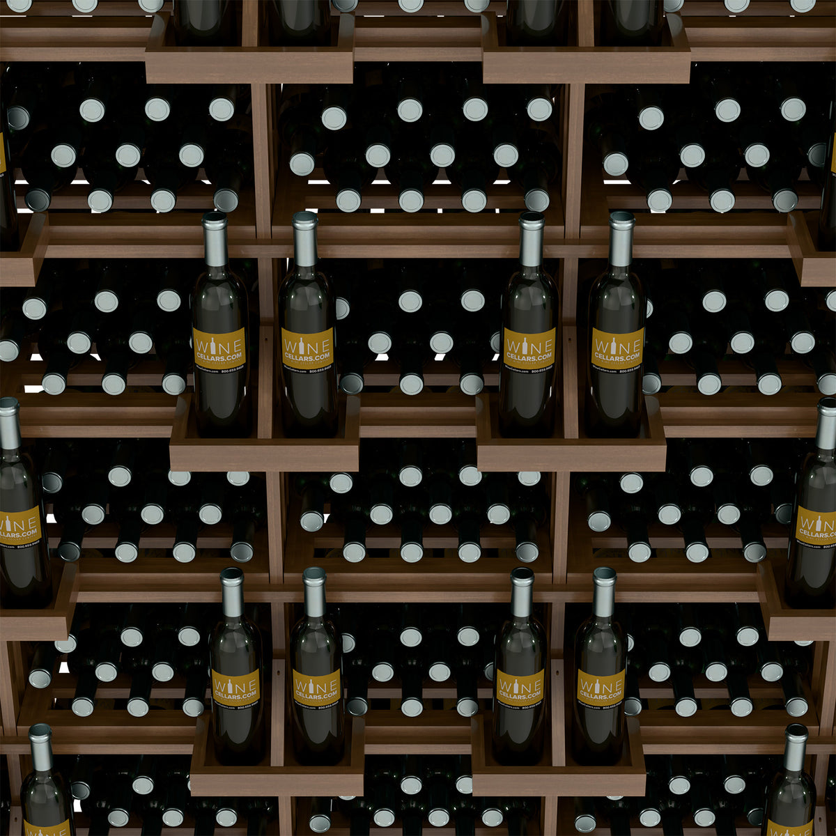 Wine bottle wall display detail with black bottles in polka-dot cradles across shelves