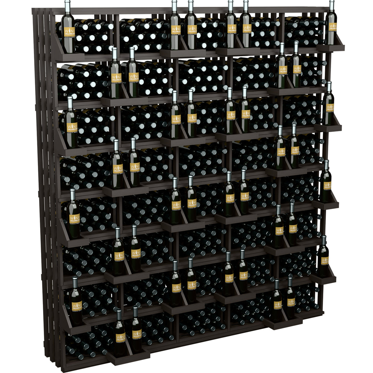 Wood wine bottle wall display with 520 slots and bulk bins, charcoal gray racks