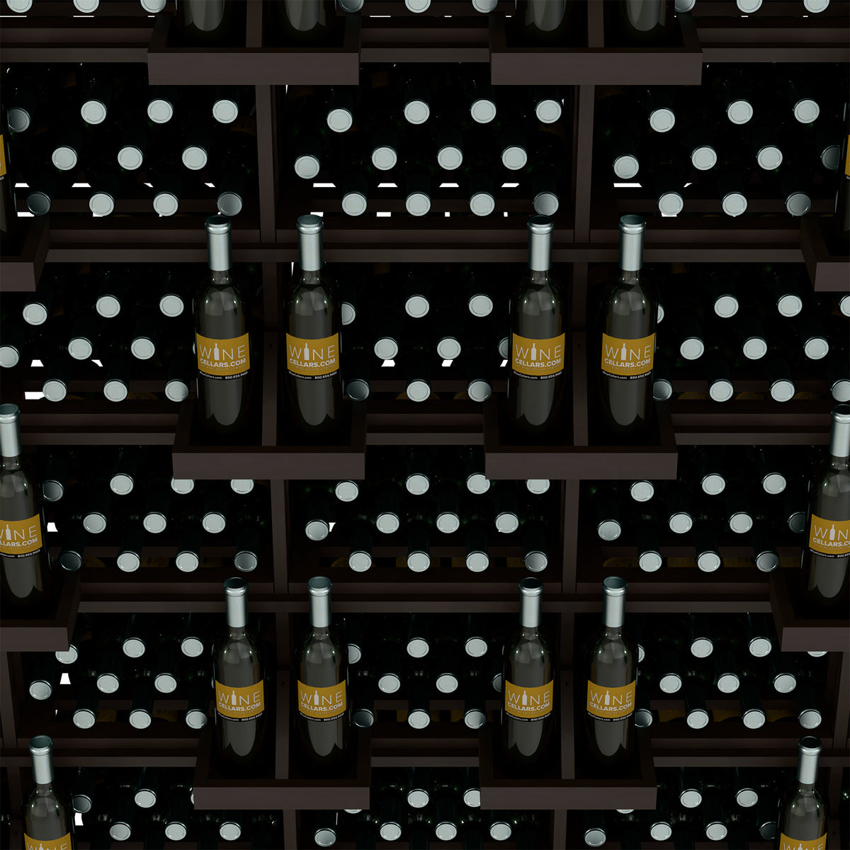 Wine bottle wall display rack with bulk bins, dark wood grid holding bottles.