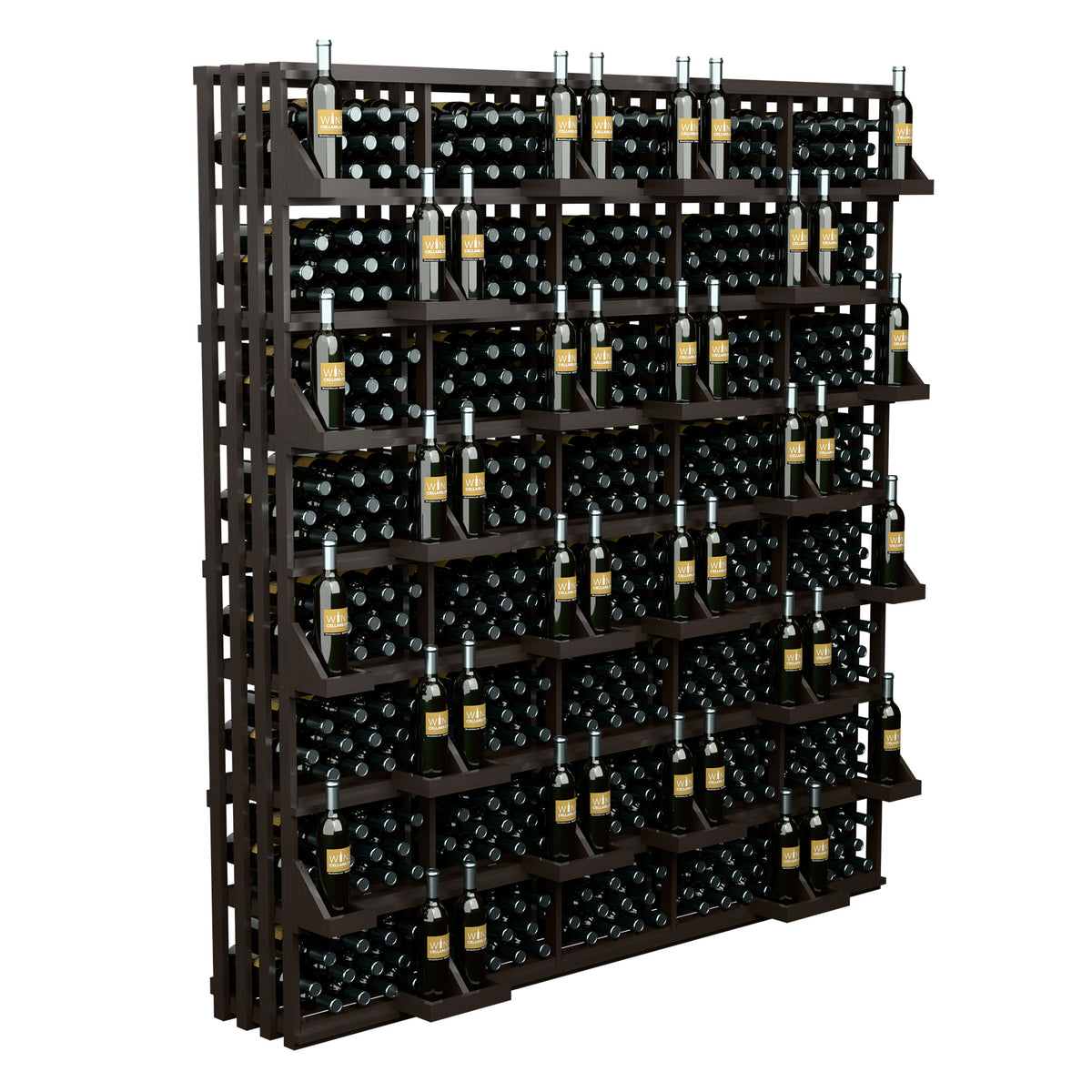 Dark wood wine bottle wall display with stocked shelves and bottle-cradle grid