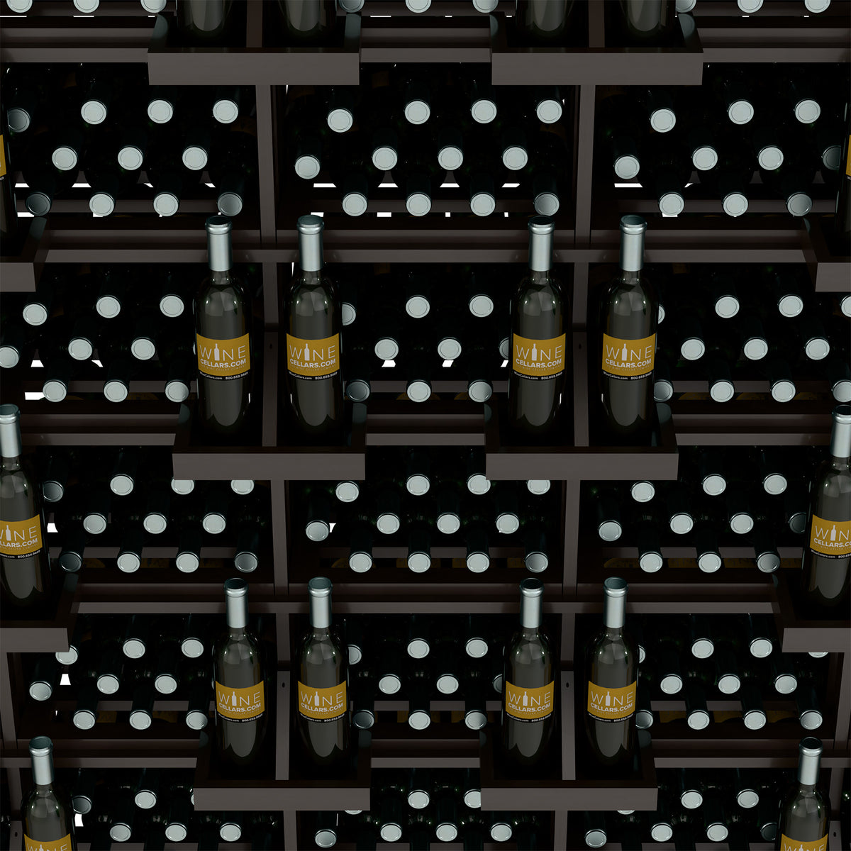 Wine bottle display detail: black bottles in polka-dot cradles across multiple shelves