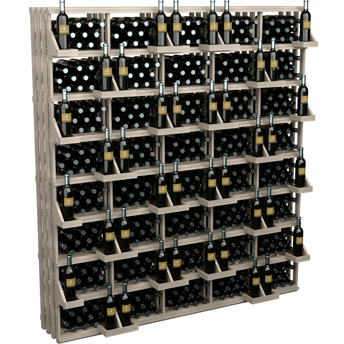 Light wood wine bottle wall display with evenly spaced shelves and bulk bin sections