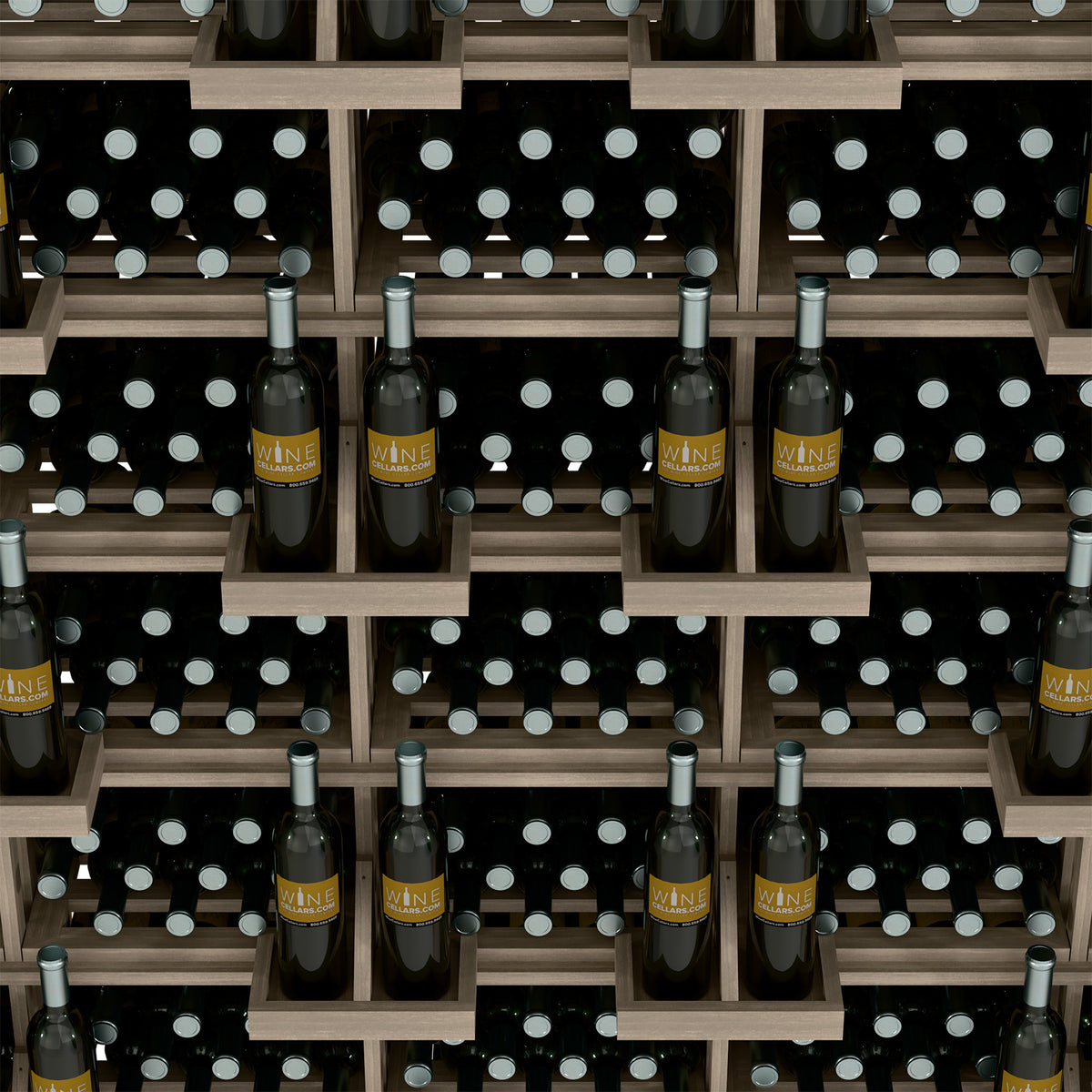 Close-up of wine bottle wall display shelves with round bottle openings