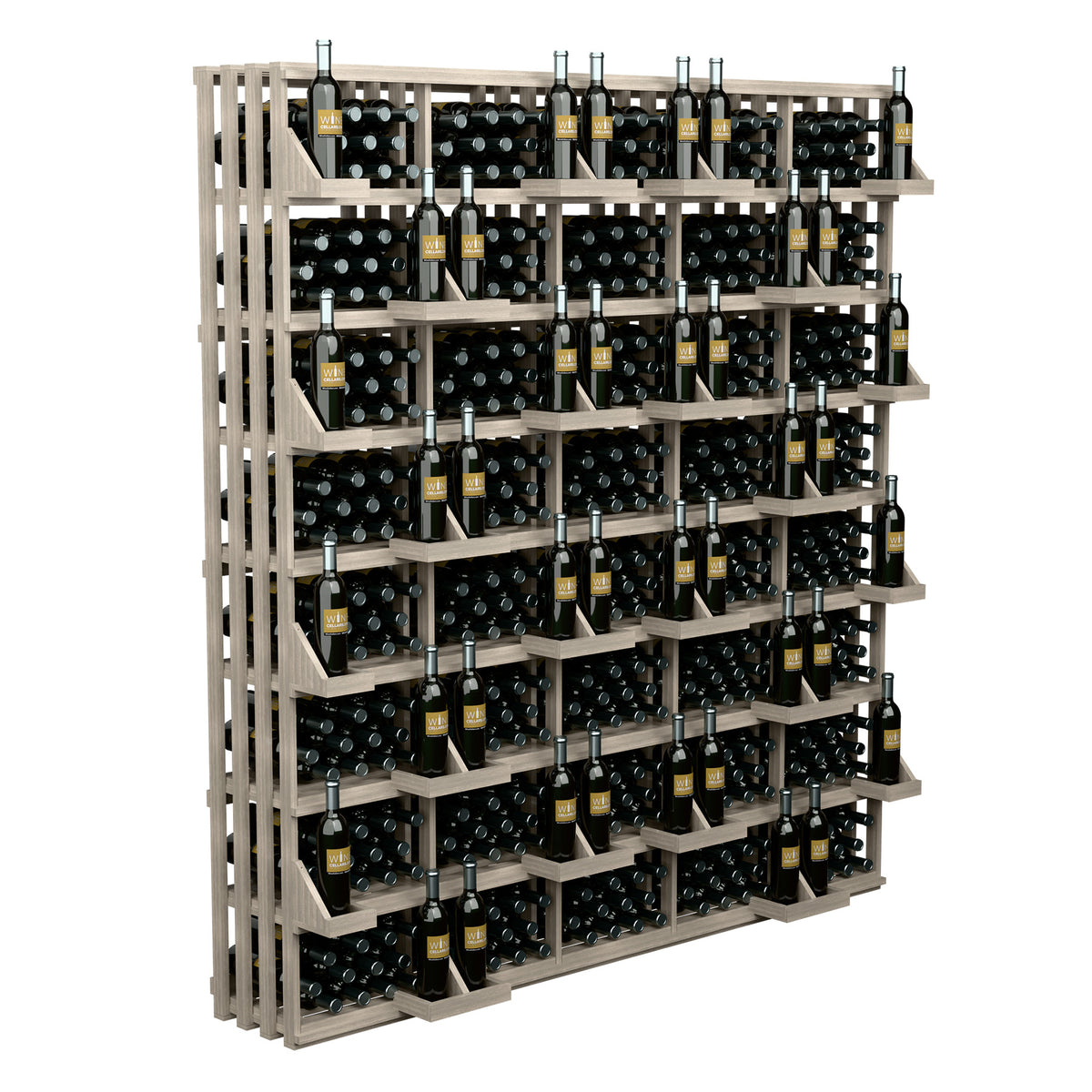 Light wood wine bottle wall display with side slats and bottle-cradle grid