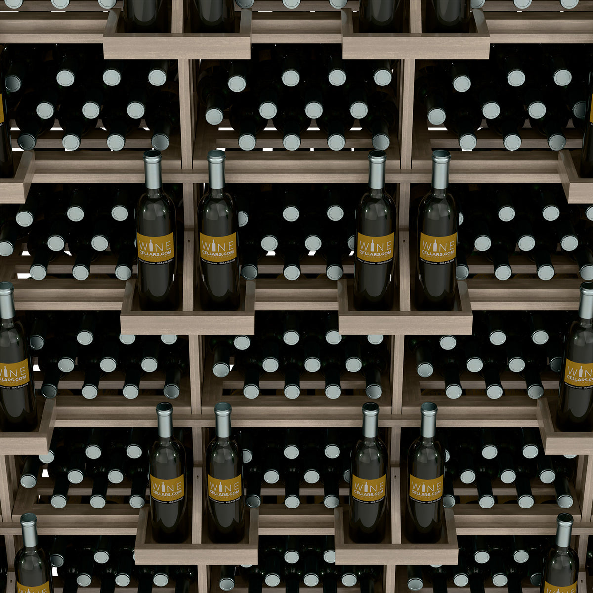 Wine bottle display detail with black bottles in polka-dot cradles on light wood shelves