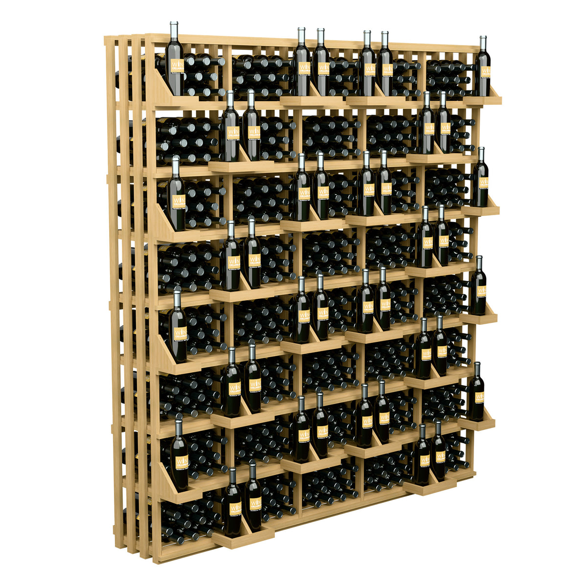 Wine bottle wall display with bulk bins, honey-colored wood frame with bottle rows