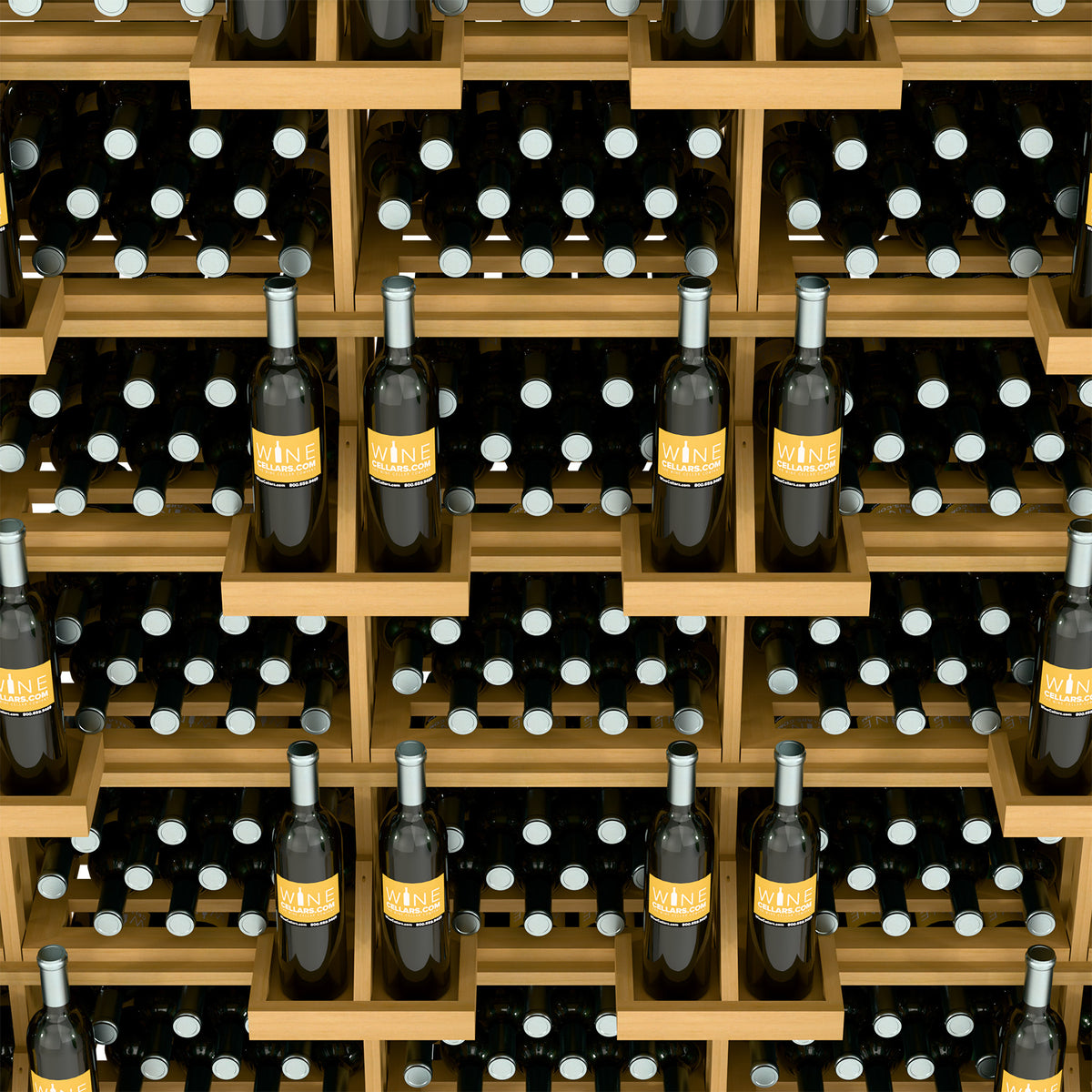 Light wood wine bottle wall display close-up with open grid shelves and filled bottle rows